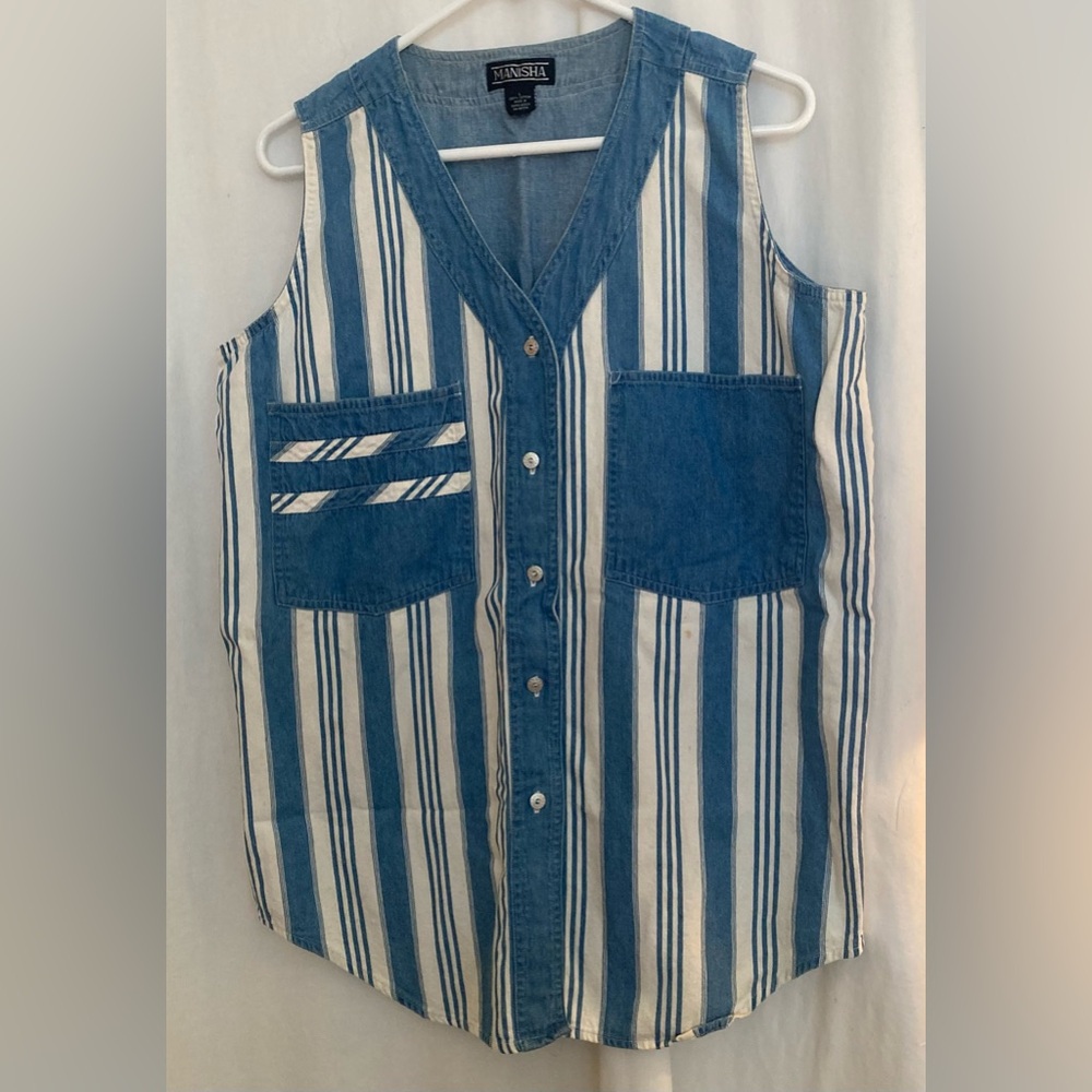 Manisha Blue & White Striped Sleeveless Button Front  Denim Top Size L